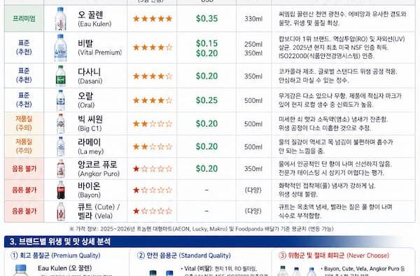 캄보디아 생수 평가, 먹는 물, 비탈, 비딸, 오랄, 다사니